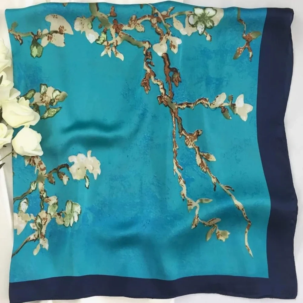 Silk like Blue White Flowers Print Head Scarf 35